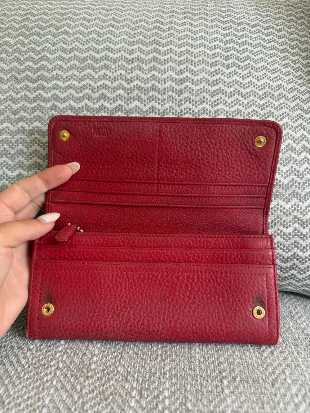Prada Red Vitello Daino Leather Continental Wallet Gold Logo w/Authenticity Card